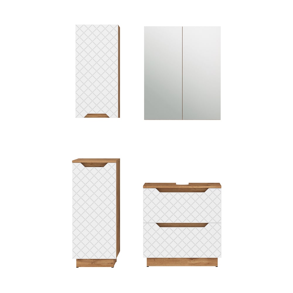 Wohnli Möbelsuche - Badmöbel-Set 4 Teile Eiche/Weiß mit Kachelstruktur 59.8x62.5cm