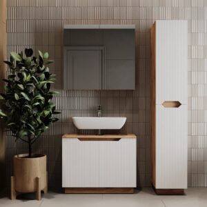 Badmöbel-Set 3 Teile Eiche/weiß gestreift 79.6x62.5cm 80x63x32cm Spanplatte Weiß Vicco Möbel Badezimmermöbel