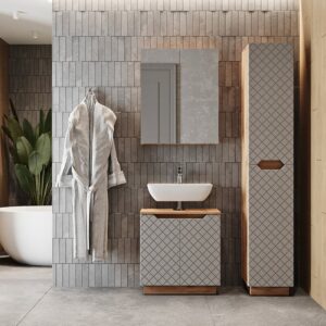 Badmöbel-Set 3 Teile Eiche/Grau mit Kachelstruktur 59.8x62cm 60x63x32cm Spanplatte Grau Vicco Möbel Badezimmermöbel