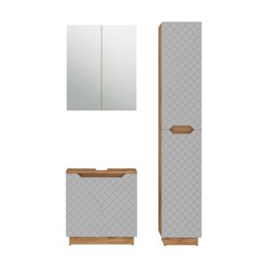 Wohnli Möbelsuche - Badmöbel-Set 3 Teile Eiche/Grau mit Kachelstruktur 59.8x62cm