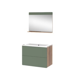 Wohnli Möbelsuche - Badmöbel-Set 3 Teile mit Spiegel Goldkraft Eiche/Grün 80x59