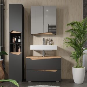 wohnli-moebel-suche-M26076426-1 Badmöbel-Set 3 Teile mit Hochschrank Anthrazit/Artisan 30x180cm 30x180x35cm Spanplatte Schwarz Vicco Möbel Badezimmermöbel