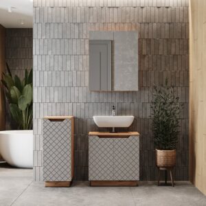 Badmöbel-Set 3 Teile Eiche/Grau mit Kachelstruktur 59.8x62cm 60x63x32cm Spanplatte Grau Vicco Möbel Badezimmermöbel