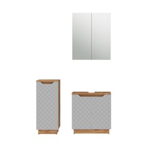Wohnli Möbelsuche - Badmöbel-Set 3 Teile Eiche/Grau mit Kachelstruktur 59.8x62cm