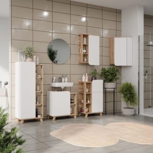 Badmöbel-Set 6 Teile Sonoma/Weiß 60x65cm 60x65x35cm Spanplatte Braun Vicco Möbel Badezimmermöbel