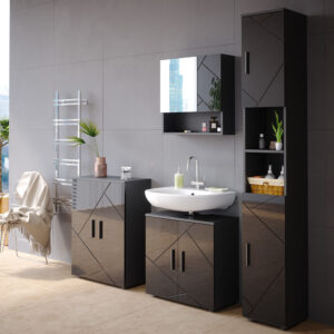 wohnli-moebel-suche-M26076439-1 Badezimmermöbel-Set 2 Teile mit Hochschrank Anthrazit Hochglanz 30x192 30x192x30cm Spanplatte Schwarz Vicco Möbel Badezimmermöbel