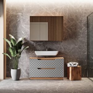 wohnli-moebel-suche-M26076464-1 Badmöbel-Set 2 Teile Eiche/Grau mit Kachelstruktur 99.4x62.5cm 100x63x32cm Spanplatte Grau Vicco Möbel Badezimmermöbel