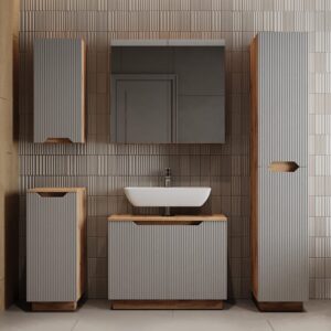 wohnli-moebel-suche-M26076467-1 Badmöbel-Set 5 Teile Eiche/grau gestreift 79.6x62.1cm 80x63x32cm Spanplatte Grau Vicco Möbel Badezimmermöbel