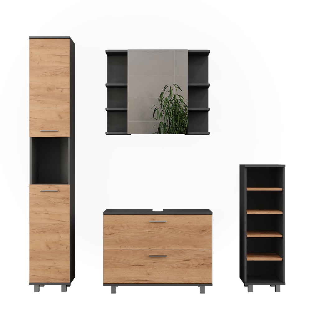 Wohnli Möbelsuche - Badmöbel-Set 4 Teile Goldkraft Eiche/Anthrazit 80.2x60.8cm