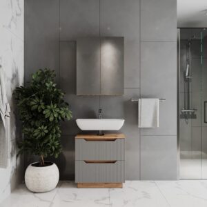 wohnli-moebel-suche-M26076490-1 Badmöbel-Set 2 Teile Eiche/grau gestreift 59.8x62.5cm 60x63x32cm Spanplatte Grau Vicco Möbel Badezimmermöbel