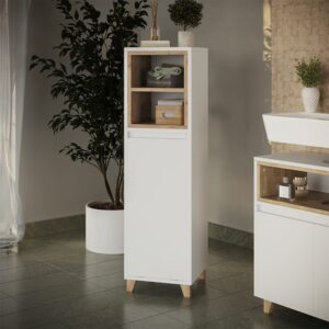 wohnli-moebel-suche-M26076502-1 Midischrank mit ausklappbarem Wäschebehälter Weiß/Eiche 30x105cm 30x105x30cm Spanplatte Weiß Vicco Möbel Badezimmermöbel