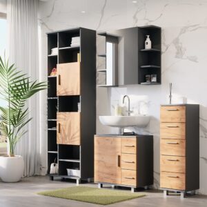 wohnli-moebel-suche-M26076508-1 Badmöbel-Set 4 Teile mit Hochschrank und Midischrank Anthrazit 61x61x33cm Spanplatte Schwarz Vicco Möbel Badezimmermöbel