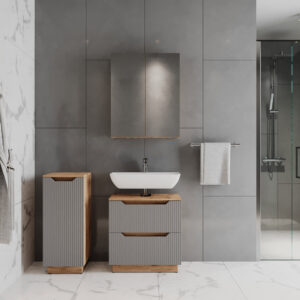 Badmöbel-Set 3 Teile Eiche/grau gestreift 58.9x62.5cm 59x63x32cm Spanplatte Grau Vicco Möbel Badezimmermöbel