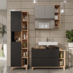 Badmöbel-Set 3  Teile Sonoma/Anthrazit 100x65cm 100x65x35cm Spanplatte Braun Vicco Möbel Badezimmermöbel