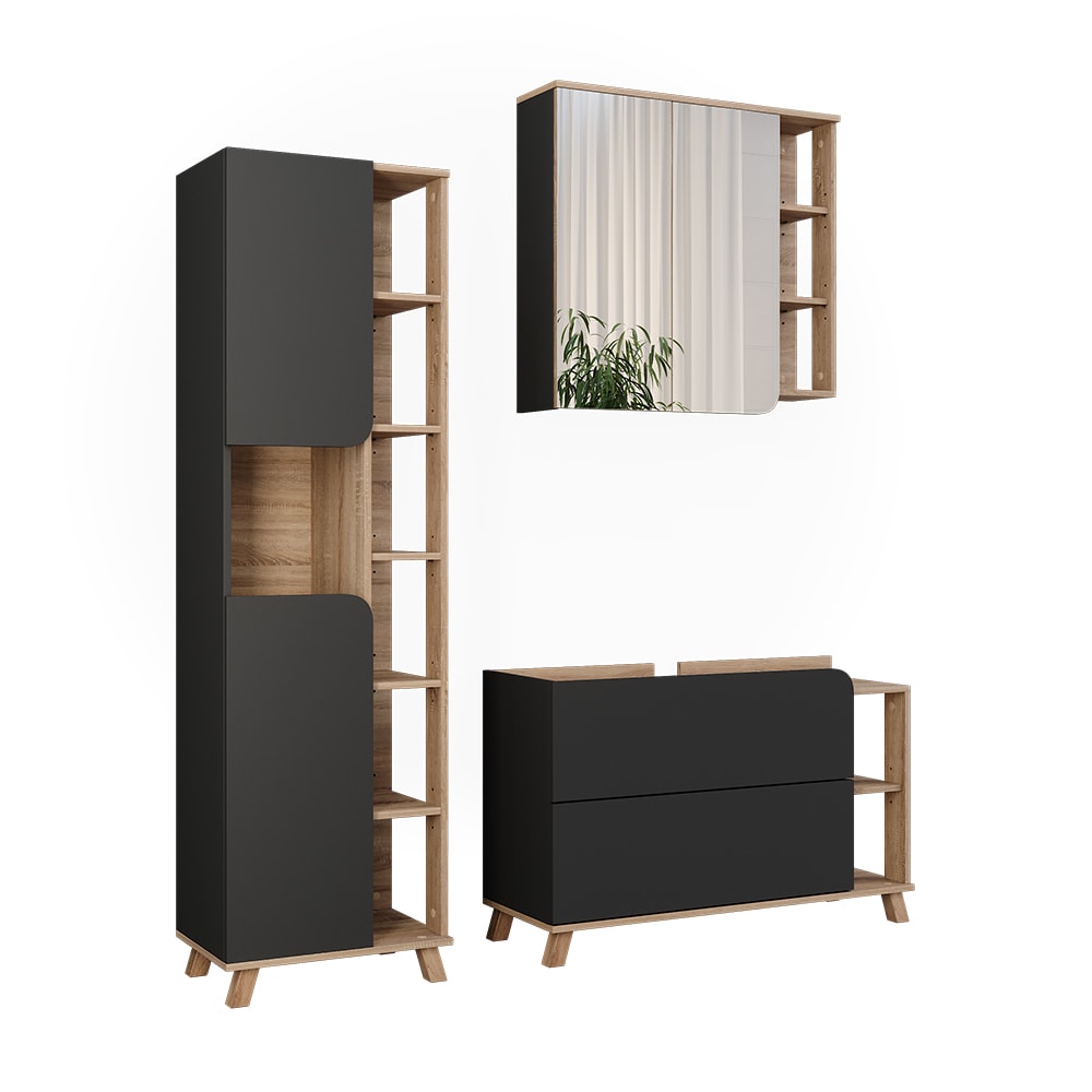 Wohnli Möbelsuche - Badmöbel-Set 3  Teile Sonoma/Anthrazit 100x65cm