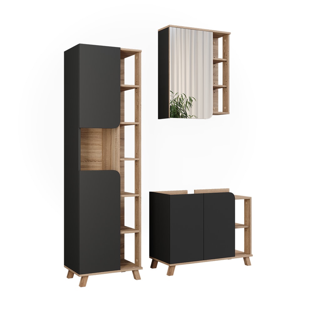 Wohnli Möbelsuche - Badmöbel-Set 3 Teile Sonoma/Anthrazit 80x65cm