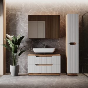 Badmöbel-Set 3 Teile Eiche/weiß gestreift 99.4x62.5cm 100x63x32cm Spanplatte Weiß Vicco Möbel Badezimmermöbel