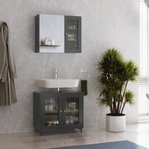 Badmöbel-Set 2 Teile Grau 60x58cm 60x58x30cm Spanplatte Grau Vicco Möbel Badezimmermöbel