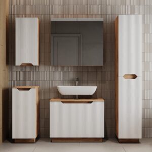 Badmöbel-Set 5 Teile Eiche/weiß gestreift 79.6x62.1cm 80x63x32cm Spanplatte Weiß Vicco Möbel Badezimmermöbel