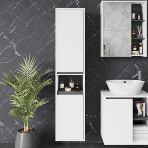 wohnli-moebel-suche-M26076549-1 Hochschrank mit 2 Türen Weiß/Grau 38x170cm 38x170x33cm Spanplatte Weiß Vicco Möbel Badezimmermöbel Bad-Hochschränke
