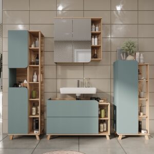 wohnli-moebel-suche-M26076551-1 Badmöbel-Set 4-teilig Sonoma/Blau 100x65cm 100x65x35cm Spanplatte Braun Vicco Möbel Badezimmermöbel