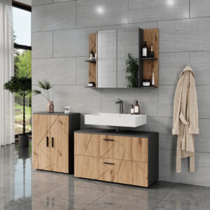 wohnli-moebel-suche-M26076560-1 Badmöbel-Set 3 Teile Anthrazit/Goldkraft Eiche 100.1x60.6cm 101x61x41cm Spanplatte Schwarz Vicco Möbel Badezimmermöbel