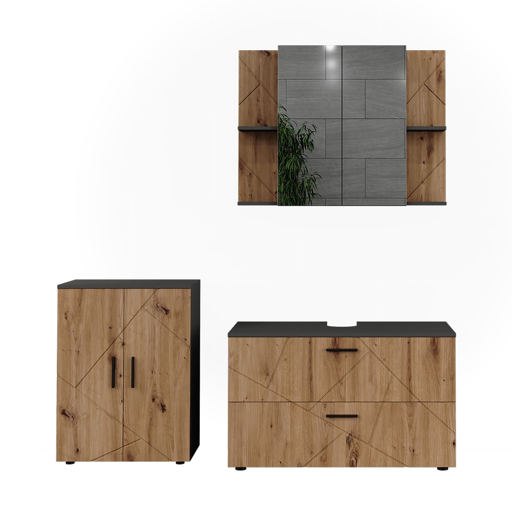 Wohnli Möbelsuche - Badmöbel-Set 3 Teile Anthrazit/Goldkraft Eiche 100.1x60.6cm