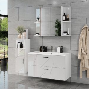 wohnli-moebel-suche-M26076580-1 Badmöbel-Set 4 Teile Weiß Hochglanz 100x57cm 100x57x46cm Spanplatte Weiß Vicco Möbel Badezimmermöbel