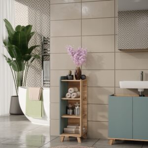 wohnli-moebel-suche-M26076590-1 Midischrank mit 4 Ablagen Sonoma/Blau 30x90cm 30x90x35cm Spanplatte Braun Vicco Möbel Badezimmermöbel