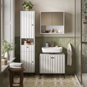 wohnli-moebel-suche-M26076596-1 Badschrank mit 2 Türen Weiß Riffel 40x190cm 40x190x35cm Spanplatte Weiß Vicco Möbel Badezimmermöbel Bad-Hochschränke