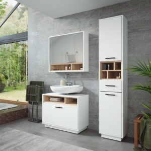 Badmöbel-Set 3 Teile mit Hochschrank Weiß/Sonoma 80x72cm 80x64x35cm Spanplatte Weiß Vicco Möbel Badezimmermöbel