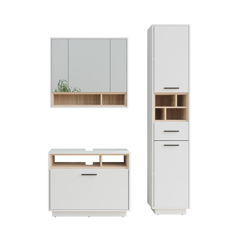 Wohnli Möbelsuche - Badmöbel-Set 3 Teile mit Hochschrank Weiß/Sonoma 80x72cm