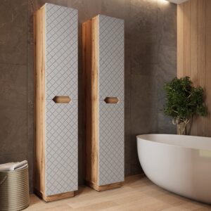 Badschrank mit 2 Türen Eiche/Grau mit Kachelstruktur 33x186cm 33x186x35cm Spanplatte Grau Vicco Möbel Badezimmermöbel Bad-Hochschränke