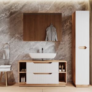 wohnli-moebel-suche-M26076629-1 Badmöbel-Set 3 Teile Eiche/weiß gestreift 119.2x62.5cm 120x63x35cm Spanplatte Weiß Vicco Möbel Badezimmermöbel