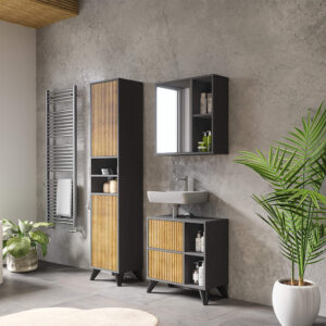 wohnli-moebel-suche-M26076645-1 Badschrank mit 2 Türen Anthrazit/Bergeiche 38x180cm 38x180x30cm Spanplatte Schwarz Vicco Möbel Badezimmermöbel Bad-Hochschränke