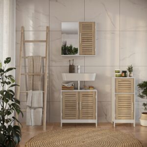 wohnli-moebel-suche-M26076656-1 Badmöbel-Set 3 Teile Weiß/Eiche 60x60cm 60x60x30cm Spanplatte Weiß Vicco Möbel Badezimmermöbel