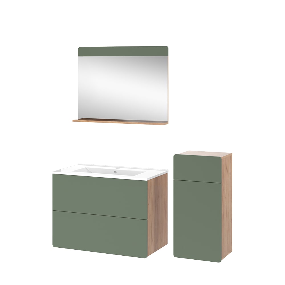 wohnli-moebel-suche-M26076657 Wohnli Möbelsuche - Badmöbel-Set 4 Teile mit Midischrank Goldkraft Eiche/Grün 80x59