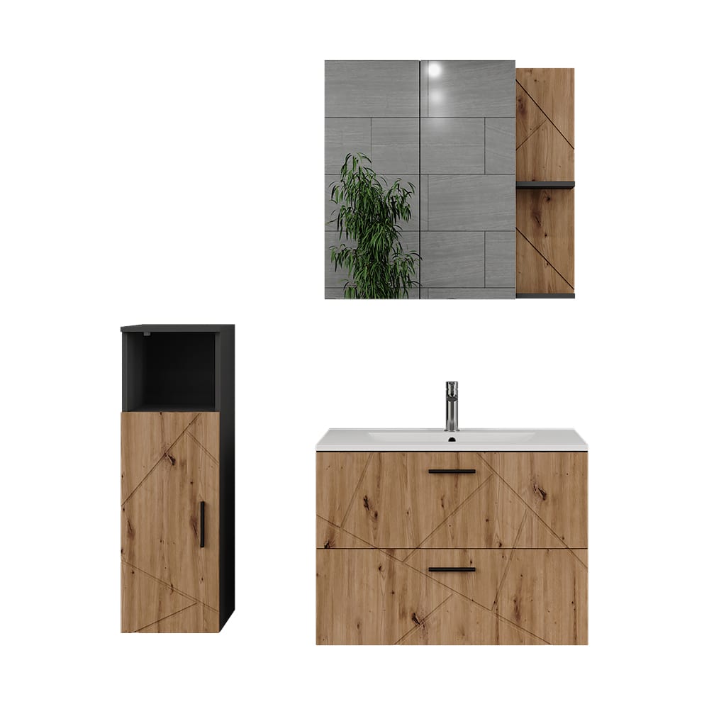 Wohnli Möbelsuche - Badmöbel-Set 4 Teile Anthrazit/Goldkraft Eiche 80x57cm