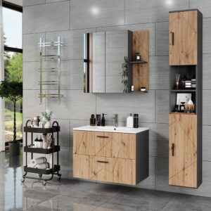 wohnli-moebel-suche-M26076664-1 Hochschrank mit 2 Türen Anthrazit/Goldkraft Eiche 30x190cm 30x190x30cm Spanplatte Schwarz Vicco Möbel Badezimmermöbel Bad-Hochschränke