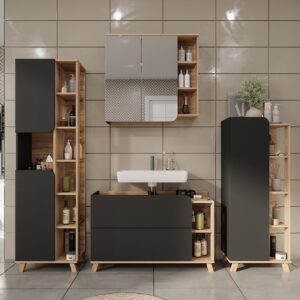wohnli-moebel-suche-M26076679-1 Badmöbel-Set 4 Teile Sonoma/Anthrazit 100x65cm 100x65x35cm Spanplatte Braun Vicco Möbel Badezimmermöbel