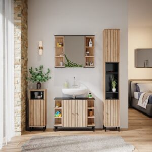 wohnli-moebel-suche-M26076680-1 Badschrank mit Türen und offenen Fächern Sonoma 30x190cm 30x190x30cm Spanplatte Braun Vicco Möbel Badezimmermöbel Bad-Hochschränke