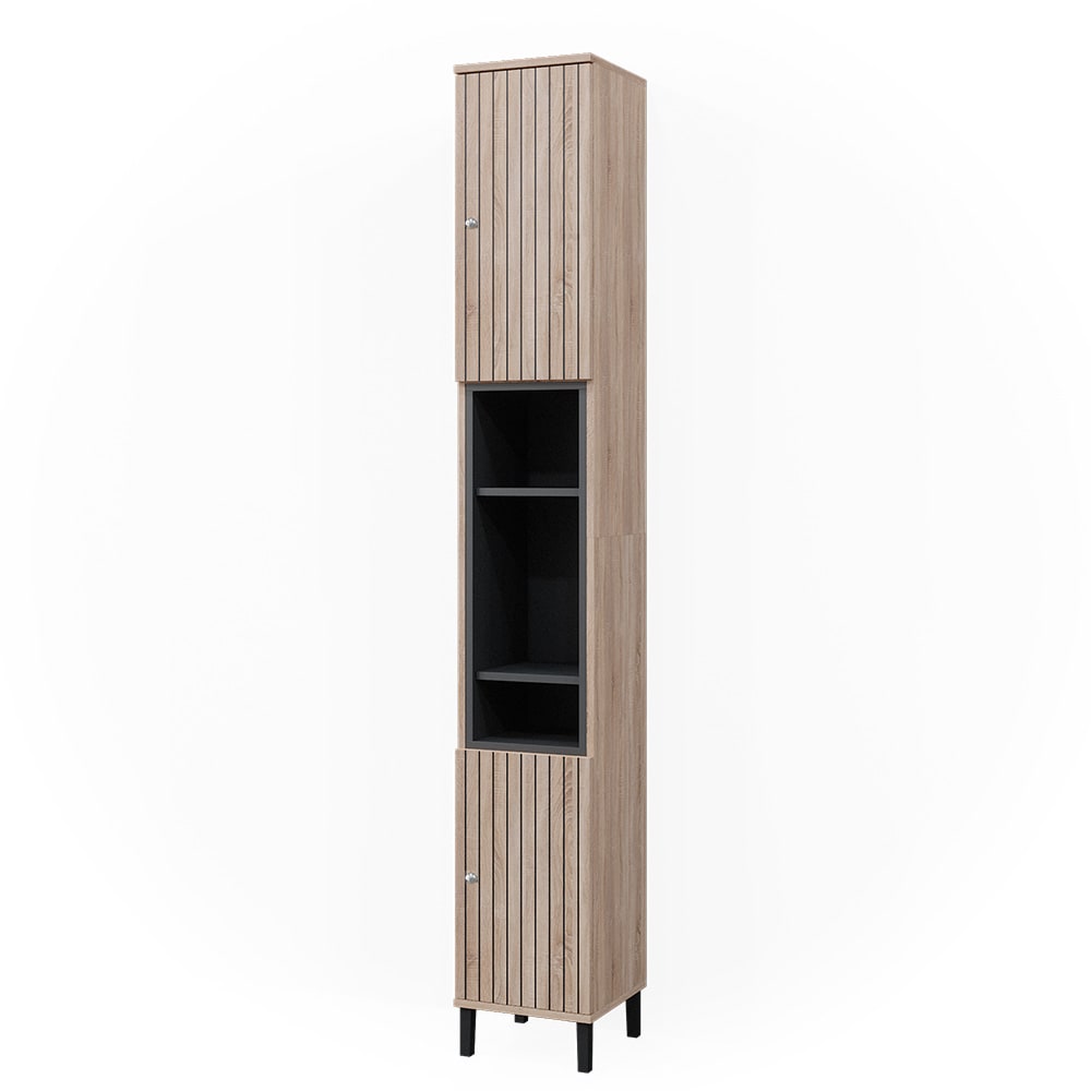 wohnli-moebel-suche-M26076680 Wohnli Möbelsuche - Badschrank mit Türen und offenen Fächern Sonoma 30x190cm