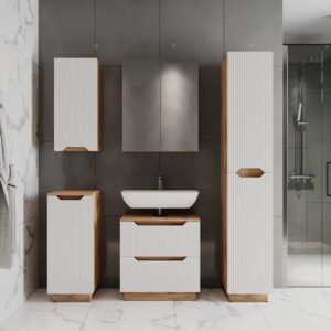 wohnli-moebel-suche-M26076685-1 Badmöbel-Set 5 Teile Eiche/weiß gestreift 59.8x62.5cm 60x63x32cm Spanplatte Weiß Vicco Möbel Badezimmermöbel