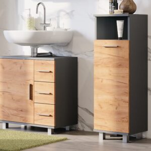 wohnli-moebel-suche-M26076689-1 Midischrank mit 2 Türen Anthrazit/Goldkraft Eiche 30.2x190cm 31x95x30cm Spanplatte Braun Vicco Möbel Badezimmermöbel