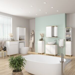 wohnli-moebel-suche-M26076700-1 Badmöbel-Set 6 Teile Weiß/Eiche 60x60cm 60x60x30cm Spanplatte Weiß Vicco Möbel Badezimmermöbel