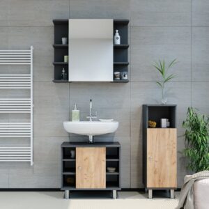 wohnli-moebel-suche-M26076703-1 Badspiegelschrank 3 Teile mit Midischrank Anthrazit 60x54cm 60x54x32cm Spanplatte Schwarz Vicco Möbel Badezimmermöbel
