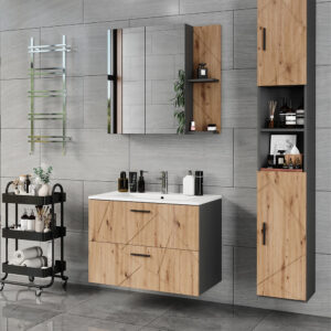 Badmöbel-Set 4 Teile Anthrazit/Goldkraft Eiche 80x57cm 80x57x45cm Spanplatte Schwarz Vicco Möbel Badezimmermöbel