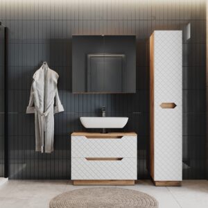 Badmöbel-Set 3 Teile Eiche/Weiß mit Kachelstruktur 79.6x63cm 80x63x32cm Spanplatte Weiß Vicco Möbel Badezimmermöbel