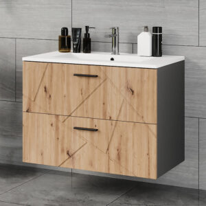 Waschbeckenunterschrank 2 Teile Anthrazit/Goldkraft Eiche 80x58.5cm 80x59x46cm Spanplatte Schwarz Vicco Möbel Badezimmermöbel