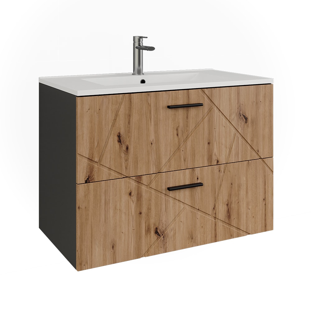 Wohnli Möbelsuche - Waschbeckenunterschrank 2 Teile Anthrazit/Goldkraft Eiche 80x58.5cm